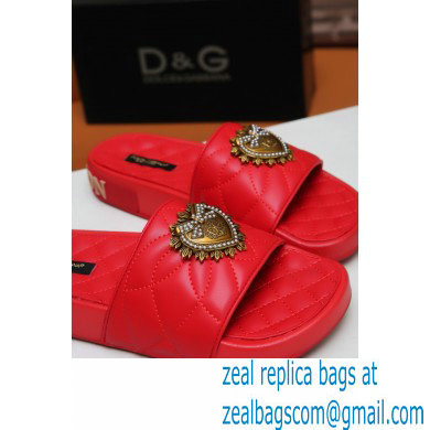 Dolce  &  Gabbana Matelasse Leather Beachwear Sliders Red with Devotion Heart 2021